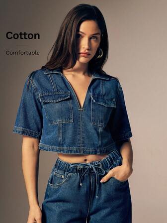 Denimoi Top corto de mezclilla lavada de moda, para el verano