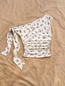 Soleia 女士沙滩夏季度假性感不对称肩带系带飘逸修身上衣，适合派对、度假、音乐节、波西米亚风、假日约会、下午茶等场合 - 彩色 - 查看 2