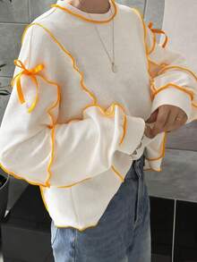 FRIFUL 女士圆领宽松撞色荷叶边撞色袖口蝴蝶结装饰宽松休闲卫衣 - 米色 - 查看 1