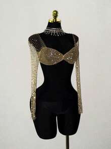 Jeanoix Women's Rhinestone Embellished Sheer Fishnet Cropped Top, Suitable For Holiday Parties And Gatherings - Champagne - View 3