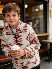 男童休闲西部牛仔度假风几何图案袋鼠口袋半拉链抓绒外套，秋冬季 - 彩色 - 查看 3