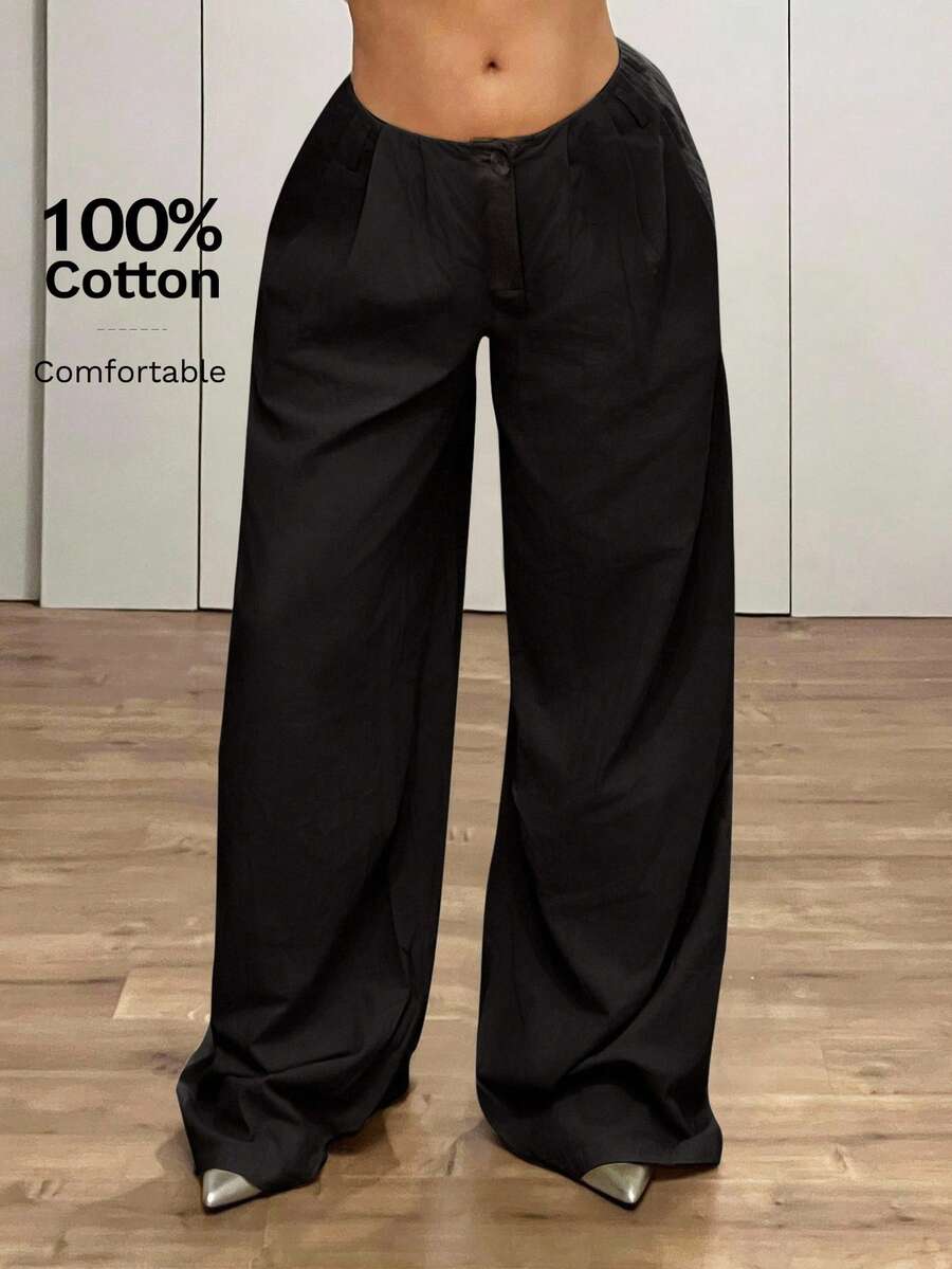SHEIN ICON Ultra Low Rise Vintage Loose Wide Leg Extra Long Pants Work Pants - Black - View 1
