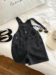 SHEIN 男童修身蓝色牛仔背带短裤 - 黑色 - 查看 7