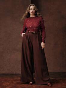 Anewsta Women's Slim Fit Round Neck Pearl Decor Mesh Sheer Blouse T-Shirt Top, Elegant, Casual, Suitable For Spring Outfits