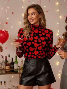 SHEIN Clasi Women's Casual Slim-Fit Turtleneck Knit Top With Classic Valentine's Day & New Year Party Women's Black Turtleneck Long Sleeve Slim Fit Red Heart Print Top - Romantic Wedding Guest, Date Night & Club,Graphic Tees Valentine's Day - Multicolor - View 1