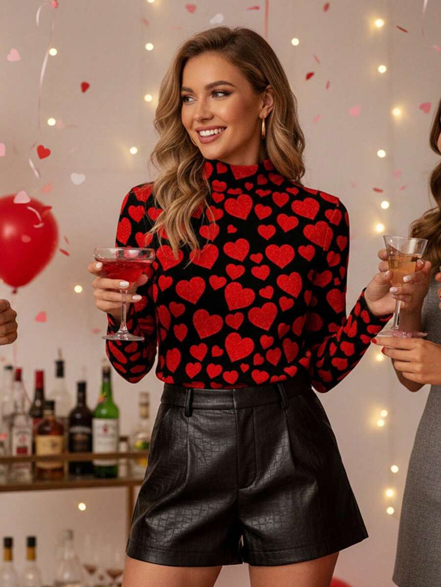 SHEIN Clasi Women's Casual Slim-Fit Turtleneck Knit Top With Classic Valentine's Day & New Year Party Women's Black Turtleneck Long Sleeve Slim Fit Red Heart Print Top - Romantic Wedding Guest, Date Night & Club,Graphic Tees Valentine's Day - Multicolor - View 1