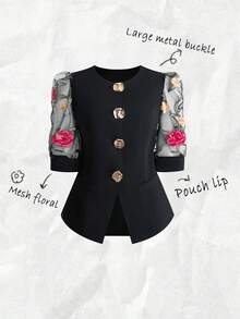 SHEIN LUNE Franclia 女士优雅休闲通勤网眼拼接大金属装饰纽扣夹克，春夏秋季款 - 黑色 - 查看 3