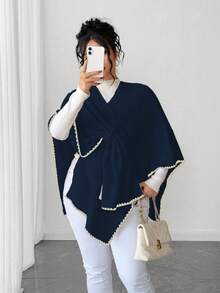 Elenzga 女士优雅宽松大码毛衣斗篷，适合秋冬季外套穿着 - 寶藍色 - 查看 5