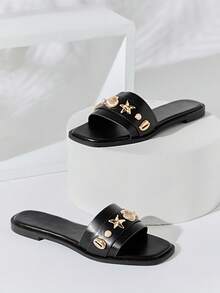 SHUZIA Women's Square Toe Glamorous Sea Shell Decor Cross Band Slip On Sandals Valentine's Day Summer Shoes - Black - View 5