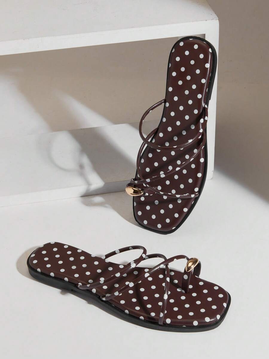 Solezae #PopCraft Women's Red Polka Aesthetic Strappy Toe-Loop Slides – Vibrant, Sleek & Eye-Catching - Brown - View 1