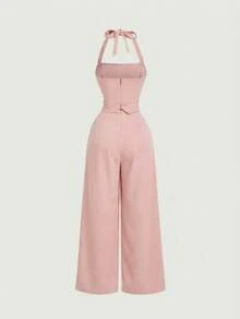 SHEIN MOD Áo liền quần cổ yếm không tay màu trơn dành cho nữ, có thắt lưng, kiểu dáng thanh lịch. - Màu Hồng baby - Xem 2