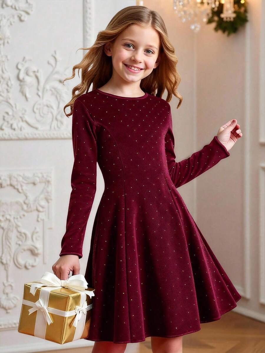 女童優雅酒紅色天鵝絨長袖洋裝,秋季生日時尚簡約休閒女童洋裝,適合日常穿著,春季洋裝 - 酒紅色 - 查看 1