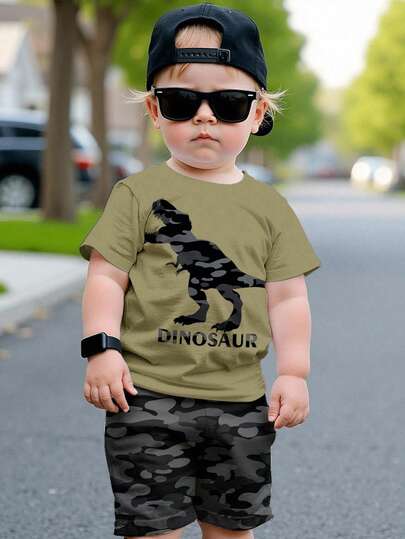 2pcs Kids Dinosaur Graphic Round Neck Short Sleeve T-Shirt And Shorts Set, Casual, Suitable For Summer