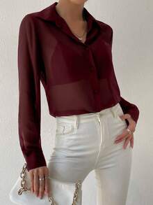 Siren Gaze 女士休闲性感透视长袖衬衫，适合春、夏、秋季穿着 - 酒紅色 - 查看 5