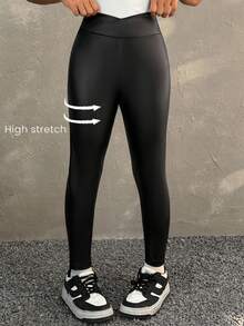 SHEIN Sleek Black PU Leggings For Young Girls Long Length Crossover Waistband - Black - View 4