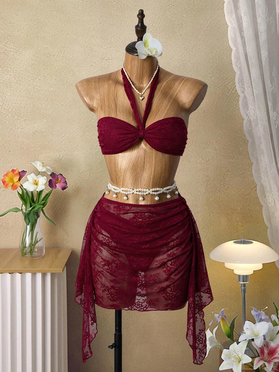 Bellisia Women's Solid Color Ruched Halter Bikini Set And Sheer Ruched Skirt - Burgundy - View 1