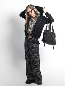 Avenne 女士休闲拼接树枝印花连帽卫衣，秋季 - 黑色 - 查看 1