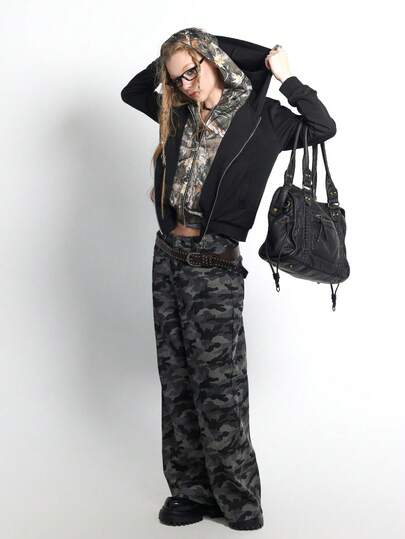 Avenne 女士休闲拼接树枝印花连帽卫衣，秋季