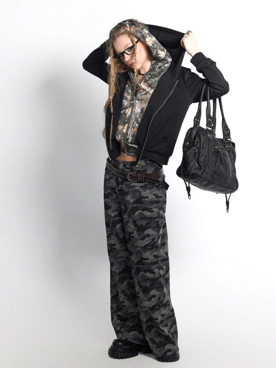 Avenne 女士休闲拼接树枝印花连帽卫衣，秋季 - 黑色 - 查看 1