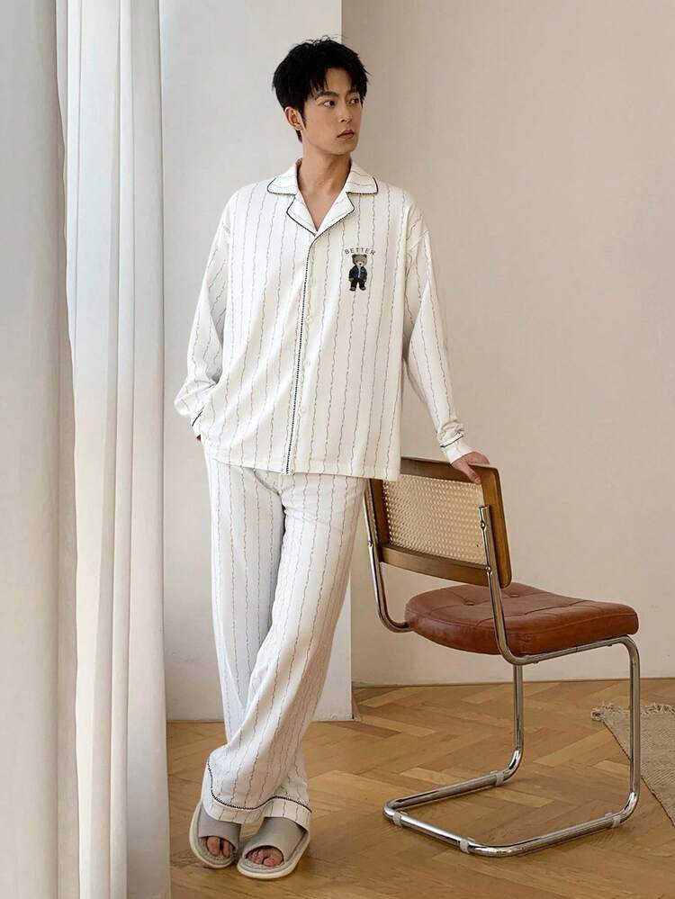 Men's Letter Pattern Jacquard Beige Shirt & Pajama Set, Spring/Autumn