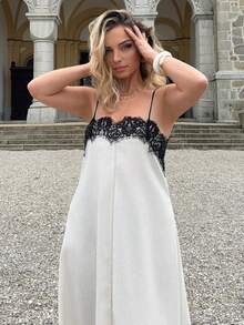 Jeta Ari Vestido de verano de mujer de ajuste holgado con patchwork de encaje en blanco y negro, vestido midi con tirantes, de lino, vestidos casuales de mujer, vestido de fiesta - Blanco y Negro - Ver 4