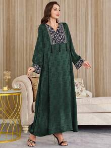 Al Najma Đầm dài tay dáng rộng cổ chữ V phối họa tiết thanh lịch dành cho nữ, kiểu Ả Rập, thích hợp cho mùa thu. - Màu xanh lá cây đậm - Xem 5