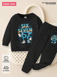 舒适秋冬男童休闲时尚创意个性清新可爱简约酷炫卡通人物67号闪电图案字母标语印花宽松圆领卫衣和运动裤套装，舒适穿搭 - 黑色 - 查看 5