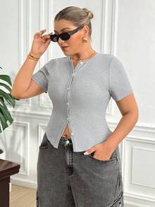 Truni Fall Clothes For Women,WinterPlus Size Solid Color Minimalist Casual Round Neck Short Sleeve T-Shirt - Grey - View 4