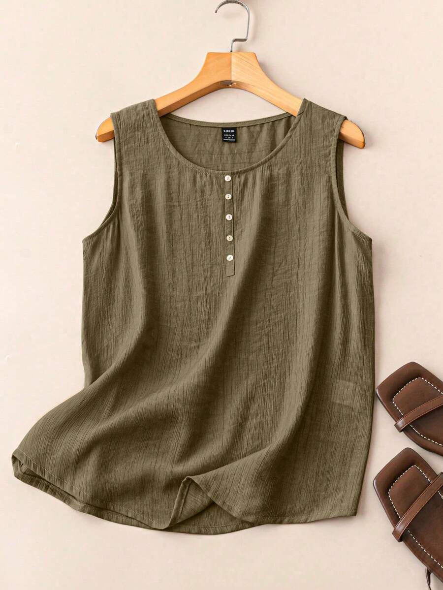 EMERY ROSE Women's Solid Color Round Neck Casual Versatile Tank Top, Summer Vacation Sage Green - Army Green - View 1