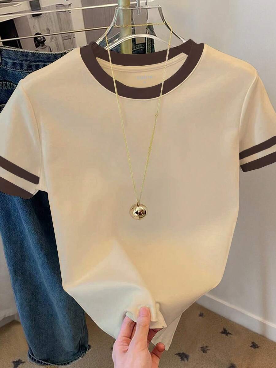 Resyla 女士休闲日常通勤学校运动风撞色包边短袖T恤，夏季 - 卡其色 - 查看 1