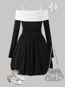 SHEIN Tween Girls' Black And White Elegant Evening Party Dress,Autumn Off-Shoulder Snug Fit Knit Holiday Outfit,Teenage Girls' Prom Summer Vacation Dress - Black - View 3