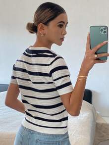 DAZY Women's Contrast Striped Collared Short Sleeve Casual Knit Top, Elegant Spring/Autumn - Navy Blue - View 2
