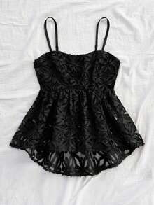 Soleia WYWH 女士夏季度假、毕业典礼、婚礼、返校、复活节午餐聚会可爱休闲吊带背心，甜美浪漫花卉纹理针织吊带背心上衣，松紧腰带宽松不对称下摆，黄色 - 黑色 - 查看 6