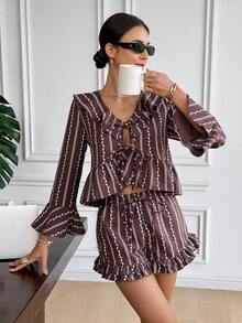 Serisse Women's Fashion Casual Ruffle Trim Top & Shorts 2 Pieces Set,Summer ,Spring Outfit Women ,Valentine's Day,Carnival, Beach , Party ,Wedding ,Elegant,Vacation, Casual Brown Two Piece Set Women Women Summer 2 Pieces Sets Short Sets For Women Vacation - Apricot - View 1