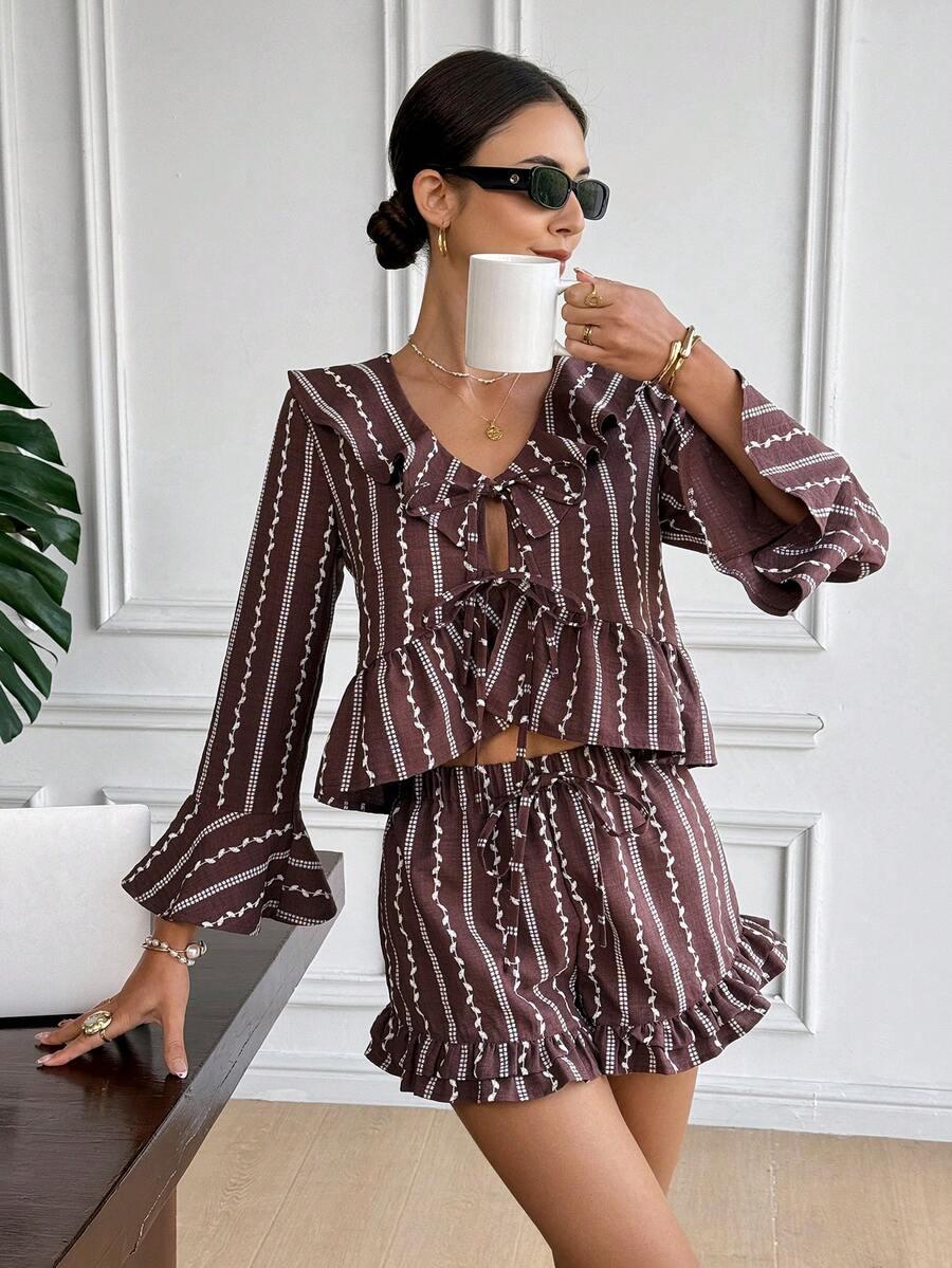 Serisse Women's Fashion Casual Ruffle Trim Top & Shorts 2 Pieces Set,Summer ,Spring Outfit Women ,Valentine's Day,Carnival, Beach , Party ,Wedding ,Elegant,Vacation, Casual Brown Two Piece Set Women Women Summer 2 Pieces Sets Short Sets For Women Vacation - Apricot - View 1