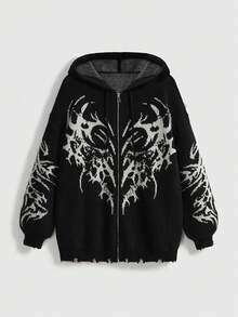 ROMWE Grunge Punk Áo len nữ dáng rộng, họa tiết gai nhọn, có mũ trùm đầu, khóa kéo, chất liệu jacquard, họa tiết gai nhọn, kiểu dáng thoải mái, thích hợp cho mùa thu. - màu đen - Xem 1