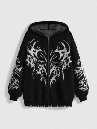 Grunge Punk Pull à capuche zippé en jacquard épineux gothique sombre pour femmes, cardigan tricoté décontracté et déchiré ample, automne