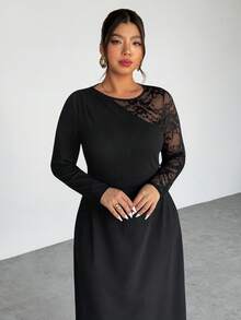 Firerie 大码优雅休闲通勤职业办公日常度假性感派对商务蕾丝拼接长袖修身连衣裙，适合春、夏、秋、冬四季穿着。 - 黑色 - 查看 5