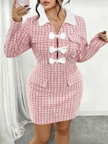 Elenzga Đầm vải tuýt dáng ôm dáng dài tay màu tương phản thanh lịch cho nữ cỡ lớn - Nhiều màu - Xem 6