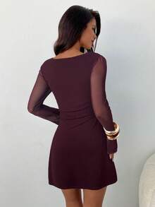 Aloruh Women's Elegant Square Neck Ruched Flare Sleeve Fitted A-Line Mini Dress,Wedding Party Dress,Wedding Guest Dress For Women,Birthday Outfit For Women Valentine's Day Valentine Outfits For Women Valentines Day Dress Spring Outfit Women Elegant Dresses For Party - Burgundy - View 3