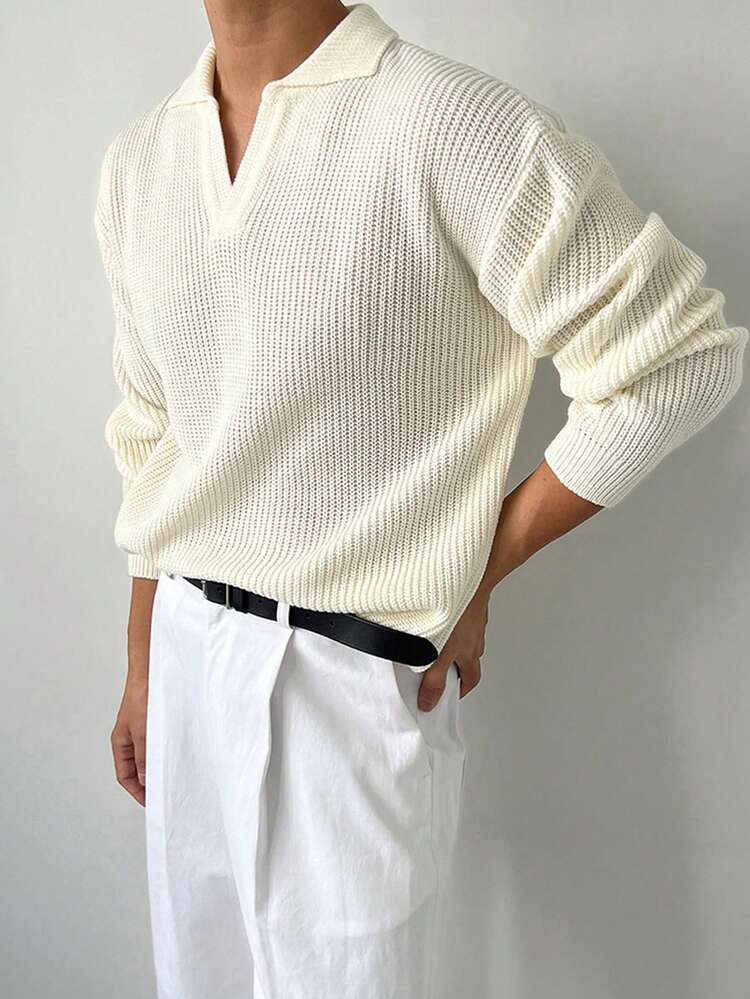 Solid Color Beige Polo Neck Knit Sweater For Men, Spring/Autumn