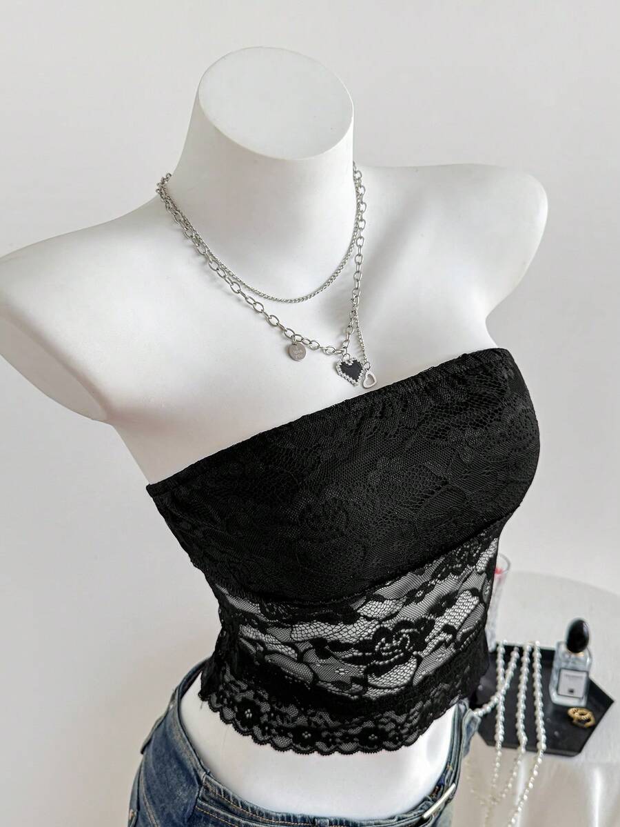 SHEIN EZwear Ladies Lace Tops - Black - View 1