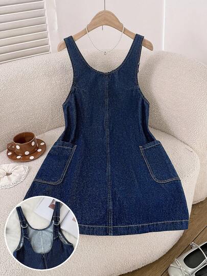 Comfortcana 女士休闲宽松牛仔背带连衣裙，带双口袋，适合夏季新年夜穿着，休闲百搭，牛仔休闲宽松连体裤，带口袋，可爱纯色无袖牛仔中长连衣裙，日常穿着