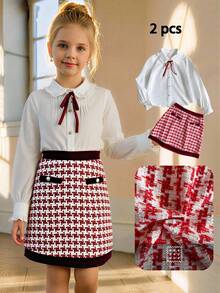 PrepCrw Conjunto de 2 piezas de blusa de manga larga con cuello blanco y decoración de lazo, y falda mini de pata de gallo roja para niñas preadolescentes, adecuado para salidas casuales, reuniones, vacaciones, fiestas, otoño/invierno, Navidad - Multicolor - Ver 12