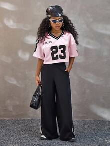 Coolane Kids Tween Girls Blush Pink Summer Streetwear School Back-To-School V-Neck Mesh Fabric Letter & Number Print Loose Cropped T-Shirt,Cute Fashionable Jersey - Pink - View 7