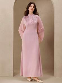 刺绣串珠浪漫风格长袖修身阿拉伯女式连衣裙 - 粉色 - 查看 3