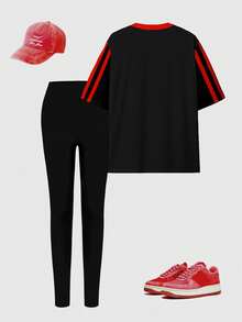 SHEIN 字母图案撞色侧缝T恤和紧身裤 - 彩色 - 查看 2