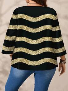 EMERY ROSE Plus Size Women Casual All-Over Print Round Neck Loose 3/4 Sleeve Shirt, Autumn/Winter Spring - Multicolor - View 2