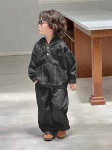 Dazy Kids 2pcs/Set Young Boys' Loose Casual Denim Jacket And Straight Leg Jeans Outfit, Autumn Spring - Dark Grey - View 5