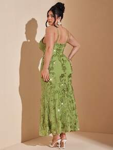 SHEIN BAE 大码女士优雅鸡尾酒会礼服，绿色亮片拼接，鱼尾裙摆，夏季 - 綠色 - 查看 2